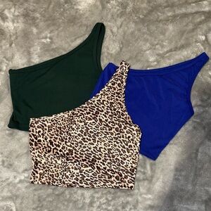 SHEIN One-Shoulder Tops - Green, Blue, Leopard Print